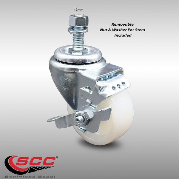 3 Inch SS Nylon Wheel Swivel 12mm Threaded Stem Caster with Brake SCC